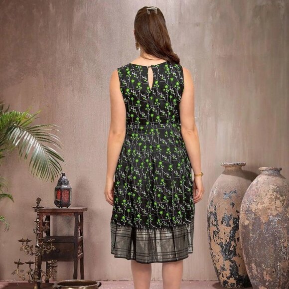 Indian Festive Black and Green Silk Knee Length Dress | Indian Dress in USA Onli - Picture 5 of 5